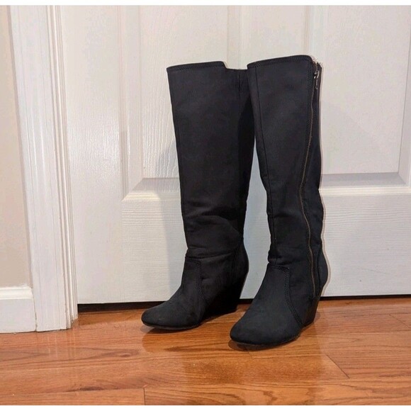 Fergalicious Womens Size 9 by Fergie Ornate Wedge Navy Blue Knee High Boots - Picture 2 of 6